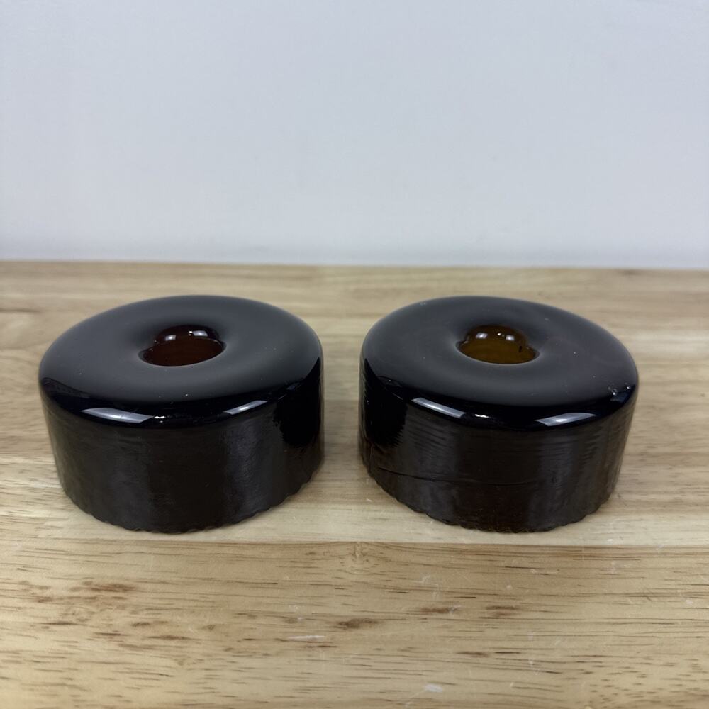 Vintage Set Of 2 MCM Blenko Glass Candle Holder - Round Deep Amber RootBeer